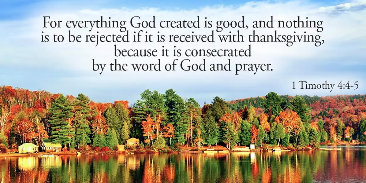 Autumn lake scene with 1 Timothy 4:4-5.